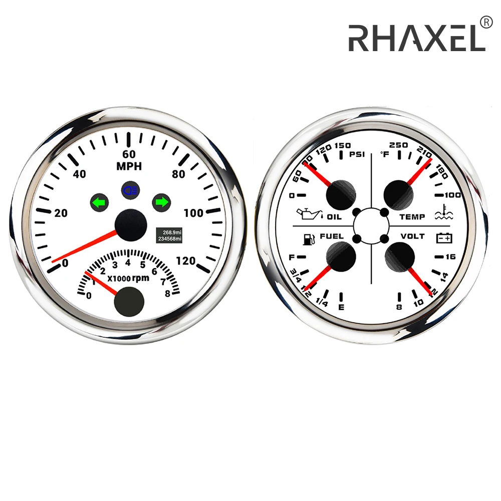 RHAXEL 2 Gauge Kit Car Boat 2in1 Speedometer GPS 200km/h with Tachometer 4in1 Fuel Level Water Temp. Oil Pressure Voltmeter 12V