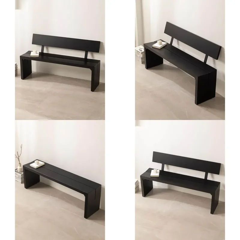 Solid Wood Wabi Style Bench with Backrest Minimalist Dining Chair for Living Room Bedroom Bedside Creative Home Furniture