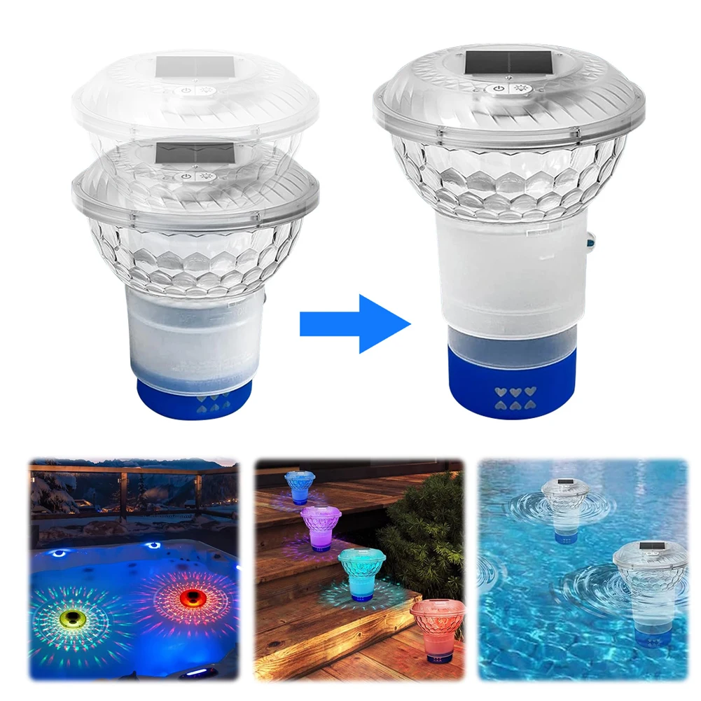 Solar Powered Adjustable Pool Chlorine Dispenser with Colorful Lights Adjustable Release Chlorinator for Nighttime Ambiance