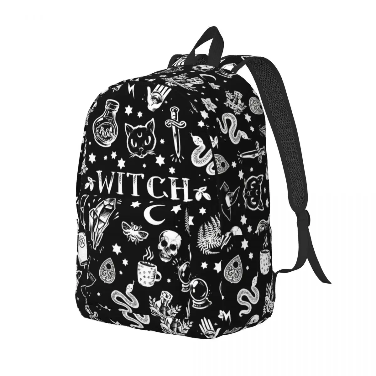 Witch Cat Pattern Backpack Elementary High College School Student Halloween Occult Gothic Magic Book Bags Teens Canvas Daypack