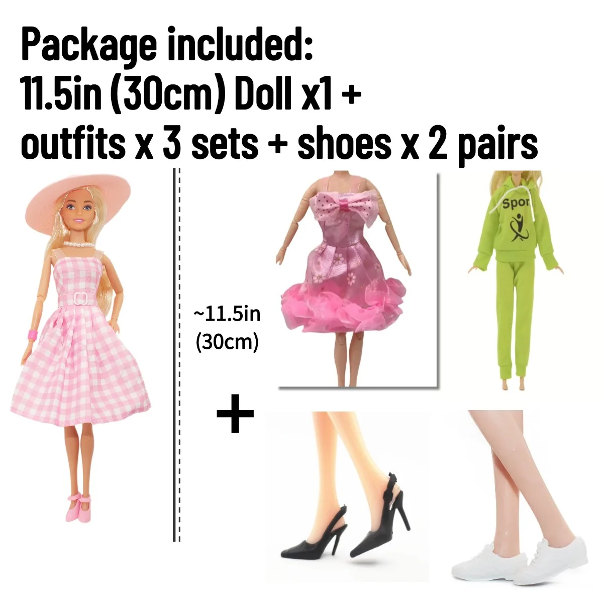 BJD Doll 11.5in 30cm with Outfits x3 sets and Shoes x 2 pairs - Movable Figure Model DIY Best Girl Gift Child Toys