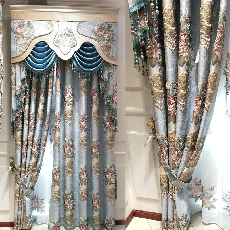 

Custom exquisite jacquard American fabric shading living room bedroom blue cloth blackout curtain tulle valance drape C1687