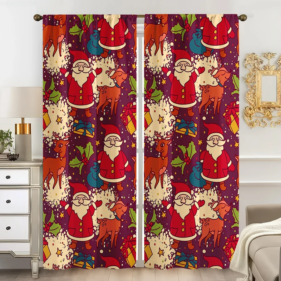 2PCS Digital Print Curtain, Cartoon Santa and Reindeer with Gift Boxes, Holly and Stars on Purple, Cute, for Window Home Decor