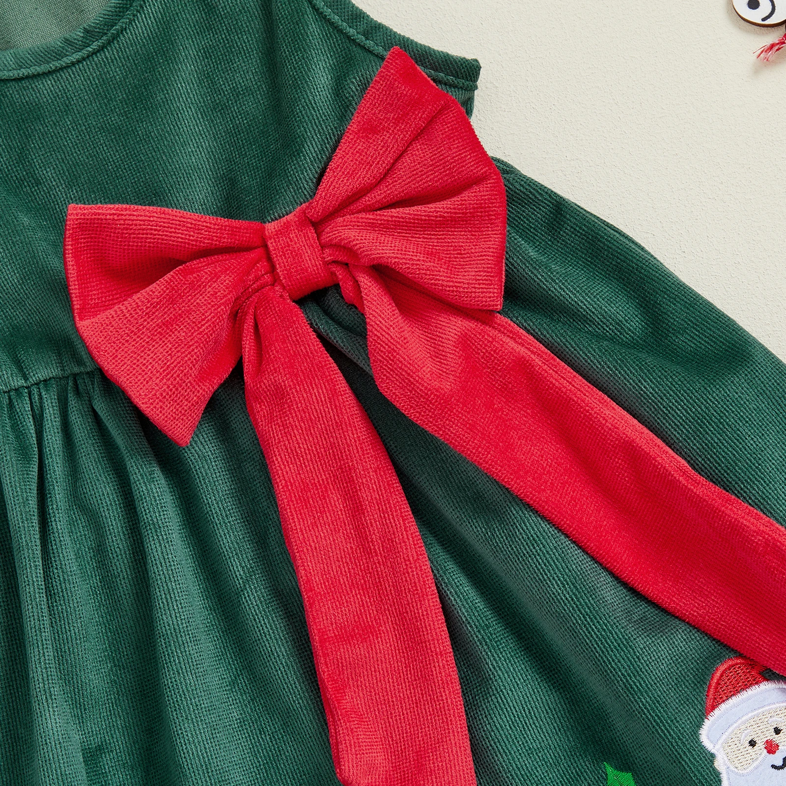 FOCUSNORM 0-4Y جميل الاطفال الفتيات عيد الميلاد سروال قصير فستان سانتا كلوز التطريز القوس ديكور الجولة الرقبة بلا أكمام ألف خط فستان #5