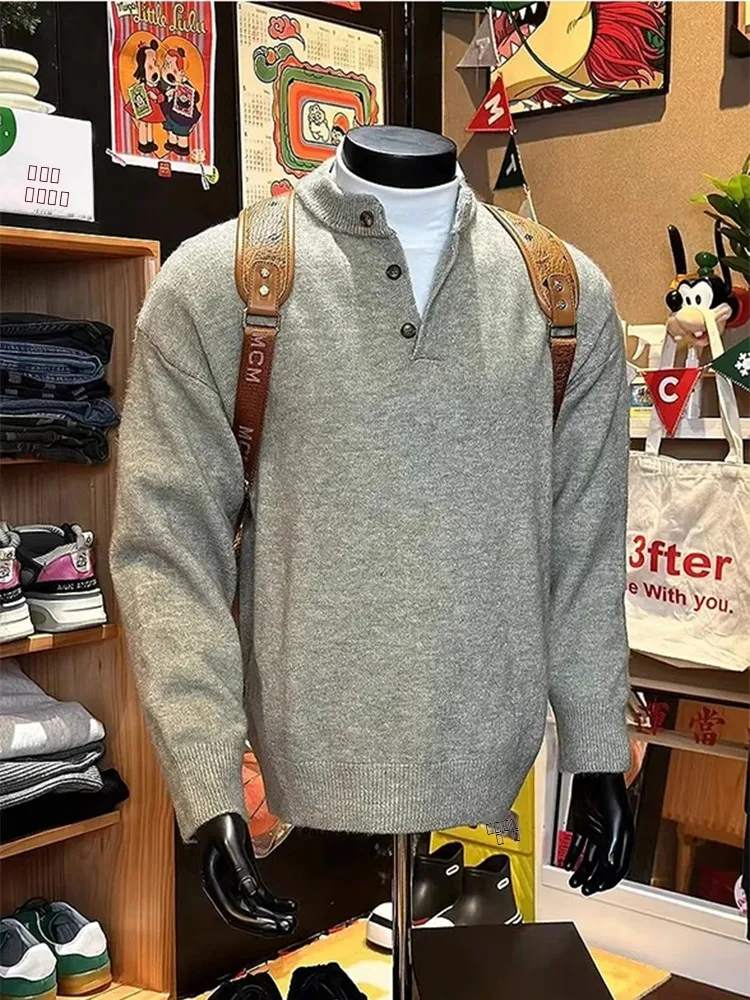 

ay Thiened Henry Collar Knitted Sweater Men's Winter Warm Base Layer Loose Fit American Lazy Sle Long Sve Top