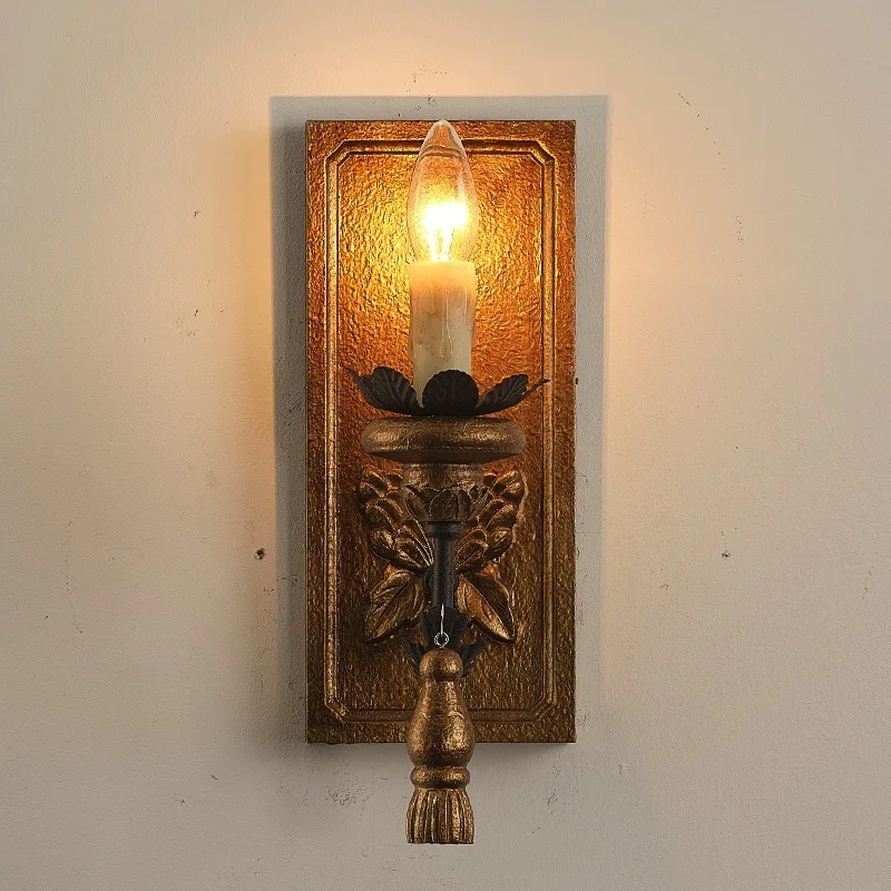 French retro gold solid wood carving wall lamp, bed and breakfast restaurant wall lamp designer, warm bedroom bedside lamp