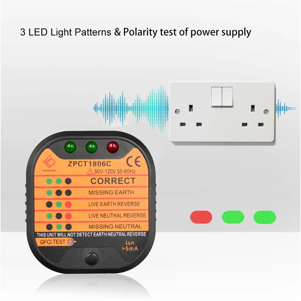 ZPCT1806A Outlet Socket Tester Detector Circuit Polarity Voltage Breaker UK Plug Ground Zero Line Switch Safety Electroscope