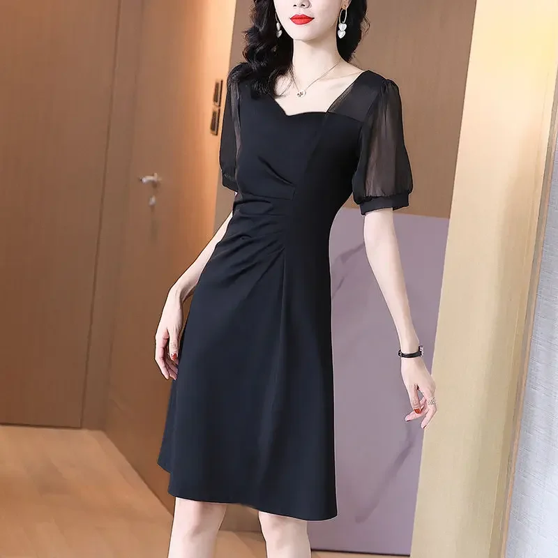 여성 미디 실크 쉬폰 새틴 반팔 원피스 디자이너 코튼 A라인 시크하고 우아한 예쁜 옷 핫 Y2k