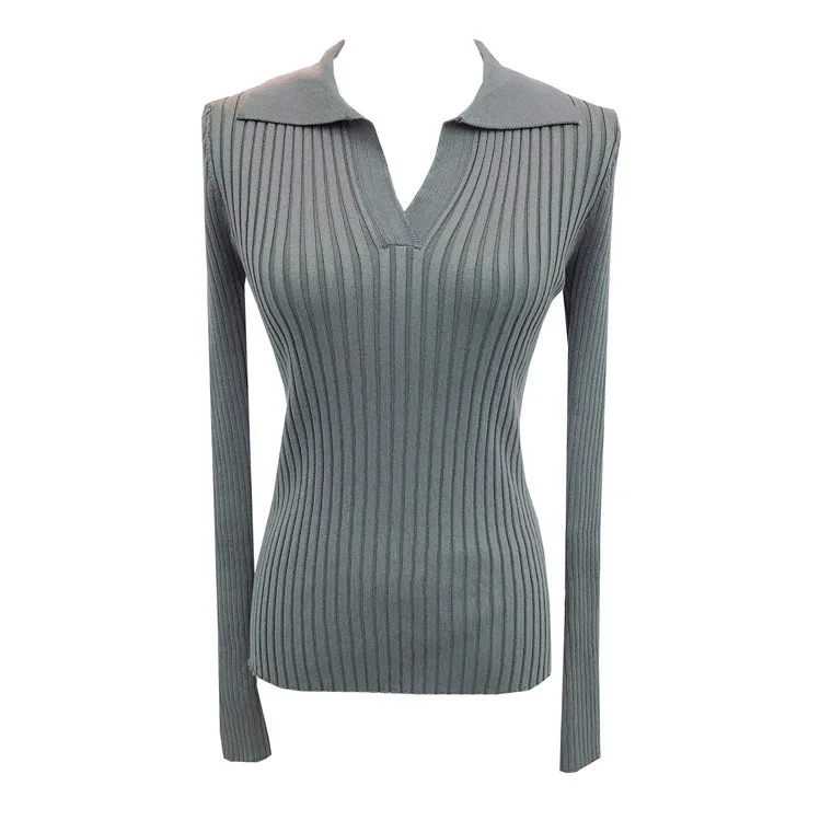 Sweter z dzianiny o dopasowanym kroju, z kołnierzykiem polo w stylu francuskim, 14 igieł, gęsty, nierozciągliwy, prążkowany, model 7375.