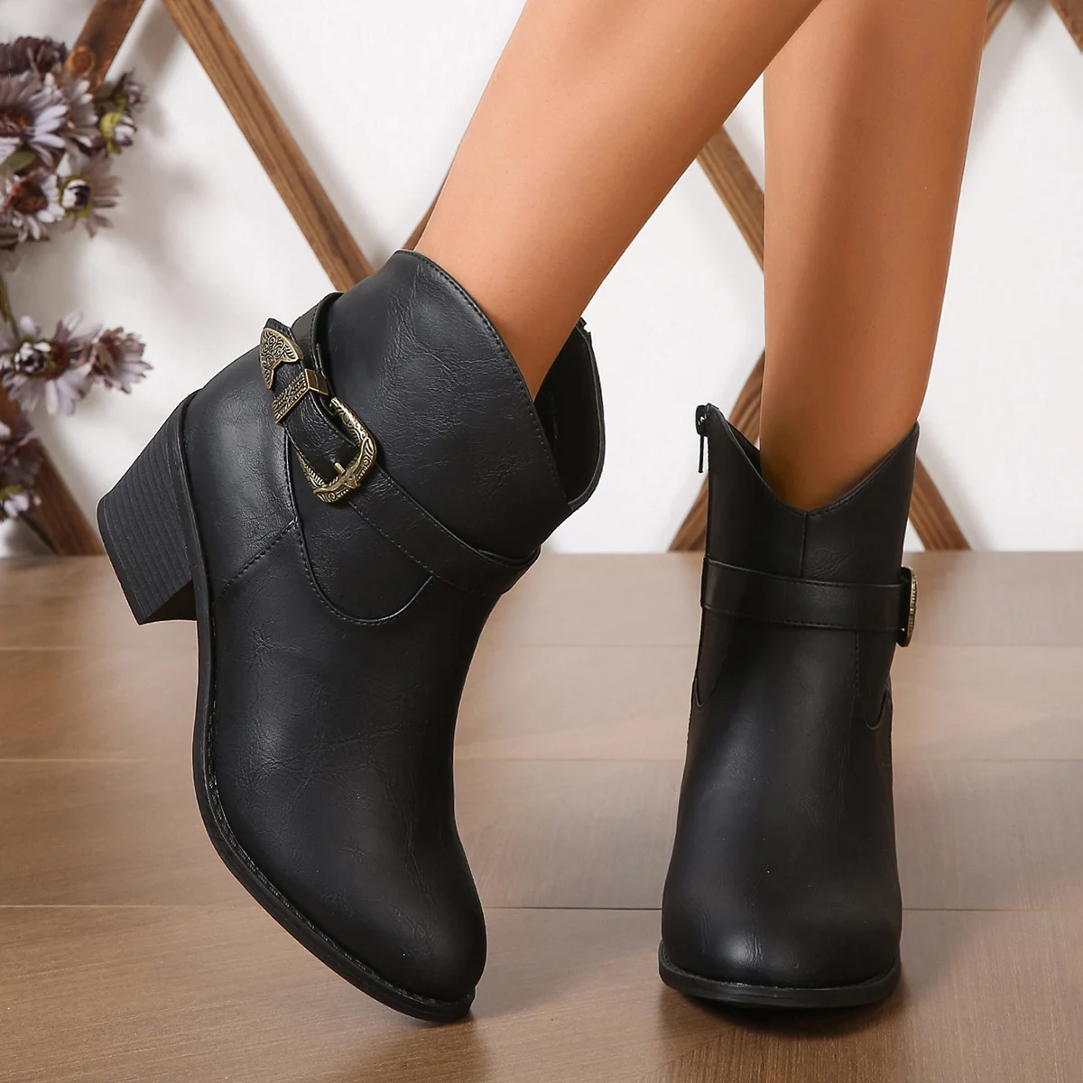 Europe and the United States Fashion Boots PU Brown Side Zipper Metal Buckle with High-Heeled Low Boots