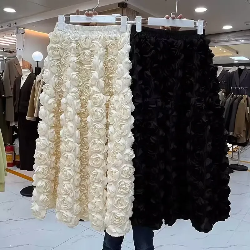 

Luxury Three-dimensional Floral Long Skirt Women Spring Summer High Waist A-Line Skirts Elegant Long Faldas Mujer