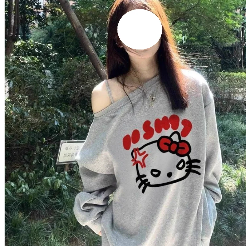 サンリオハローキティ女性スウェットキュートオール漫画春秋長袖斜め襟トップス女性服アウター新しい