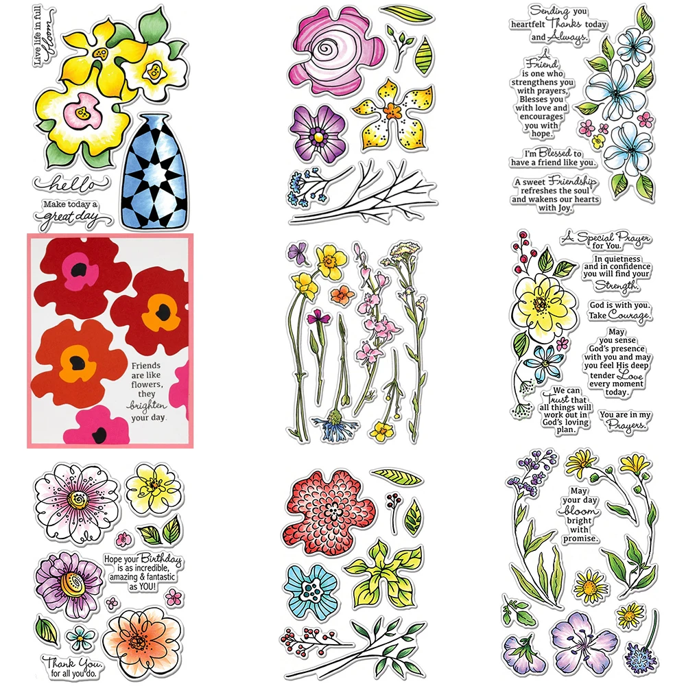 Blüht hellen Blumen hintergrund klare Briefmarken Blume glückliche Botschaften Wörter Stempel gesetzt für Scrap booking Dekoration machen Handwerk Karte