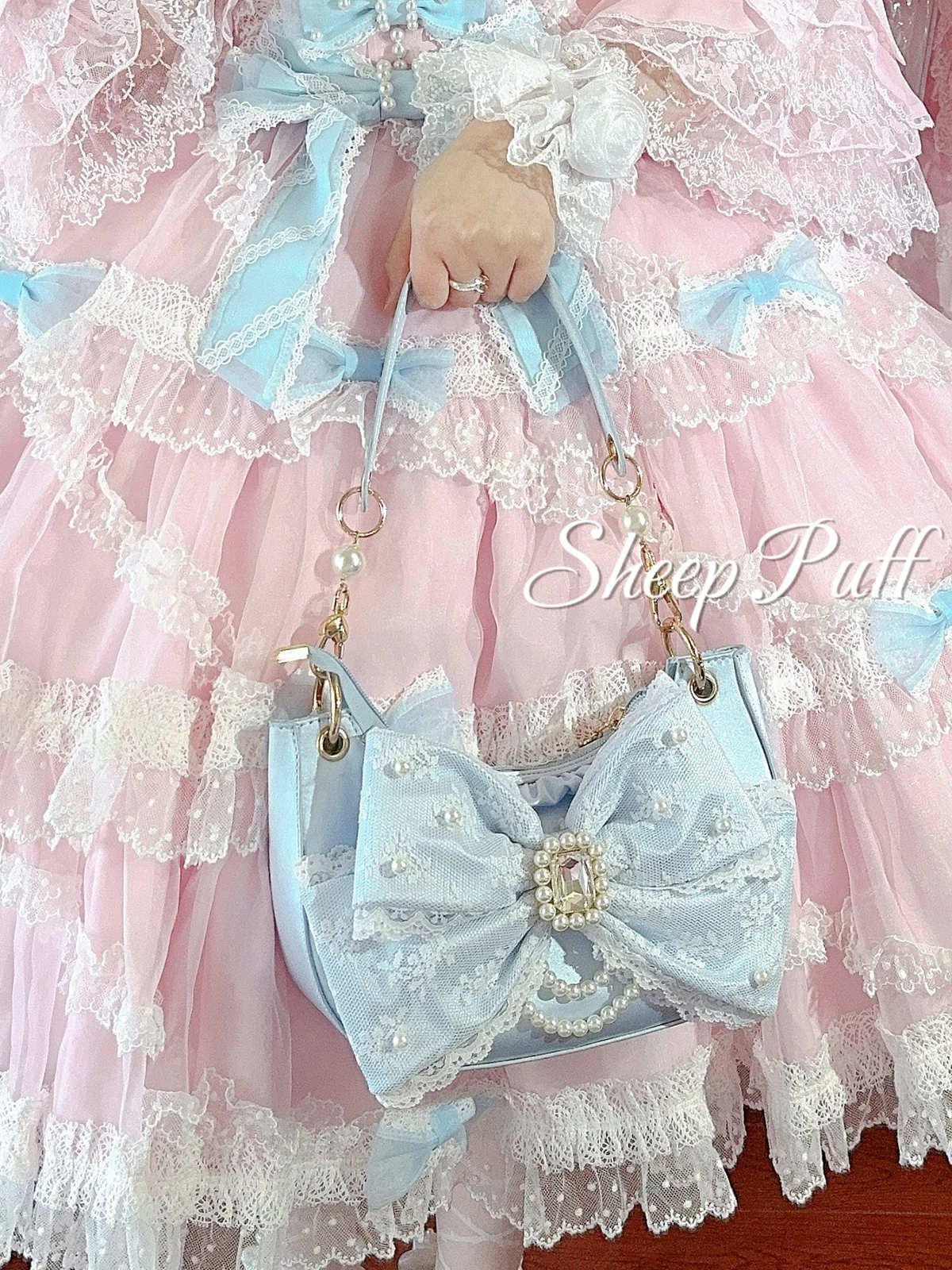 Original Sweet Girl's Cute Big Bow Lolita Crossbody Bag 2025 New Women's Pearl Chain Pink Princess Handbag Lo Shoulder Bags