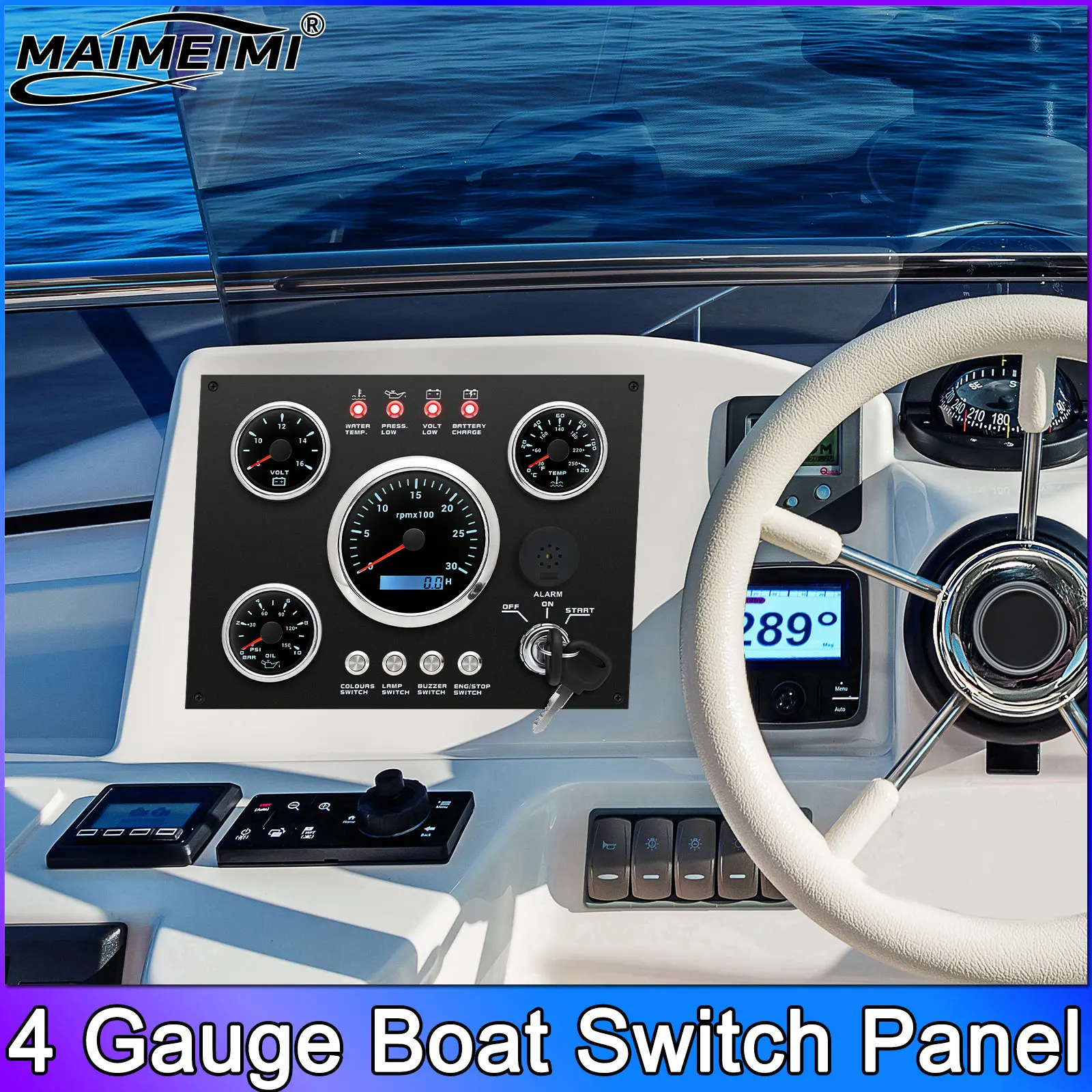  Waterproof 12V-24V Switch Panel with LED Tachometer 85mm 3K RPM Meter + 52mm Water Temp Oil Press Meter Voltmeter for Car Boat