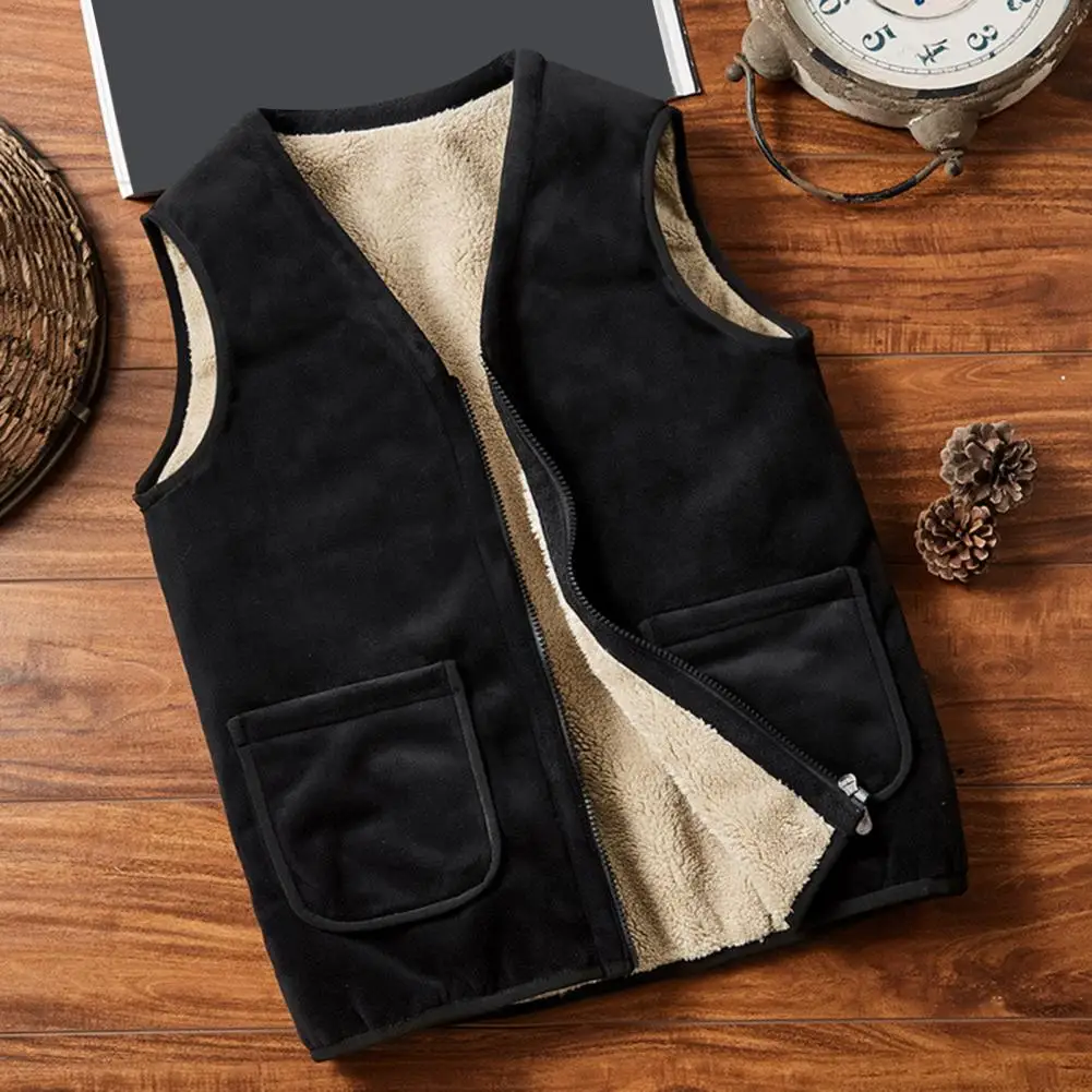 

Men Winter Waistcoat V-neck Sleeveless Solid Color Thickened Plush Lining Vest Coat With Pockets Bottoming Warm Vest Jacket