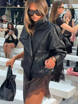 TFMLN Chic Black Faux Leather Jackets Women Long Sleeve Buttons Elastic Oversized Coats Fashion 2025 Autumn Winter Streetwear 2