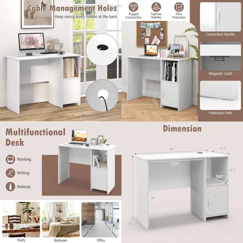 

Compact White Writing Desk with Storage and Cable Management for Home Office