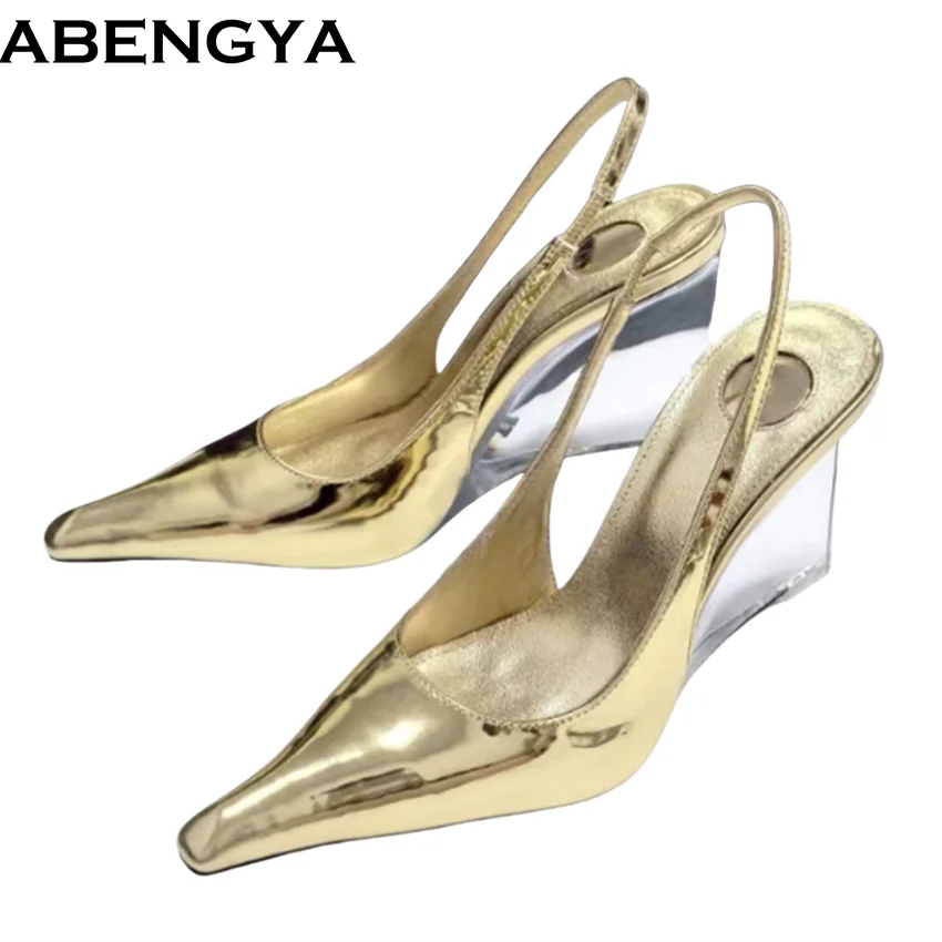 

New Crystal Wedge Heels Pumps Women Summer Leather Slingback Gladiator Sandals High Heel Point Toe Party Shoes For Woman Sandals