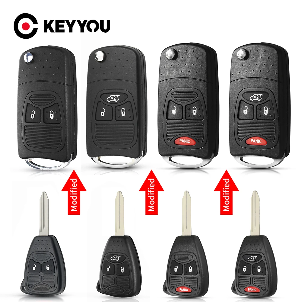 KEYYOU Flip Remote Key Shell Fob Case 3+Panic Buttons For Chrysler 300 Aspen Dodge Dakota Durango Jeep Grand Cherokee Commander