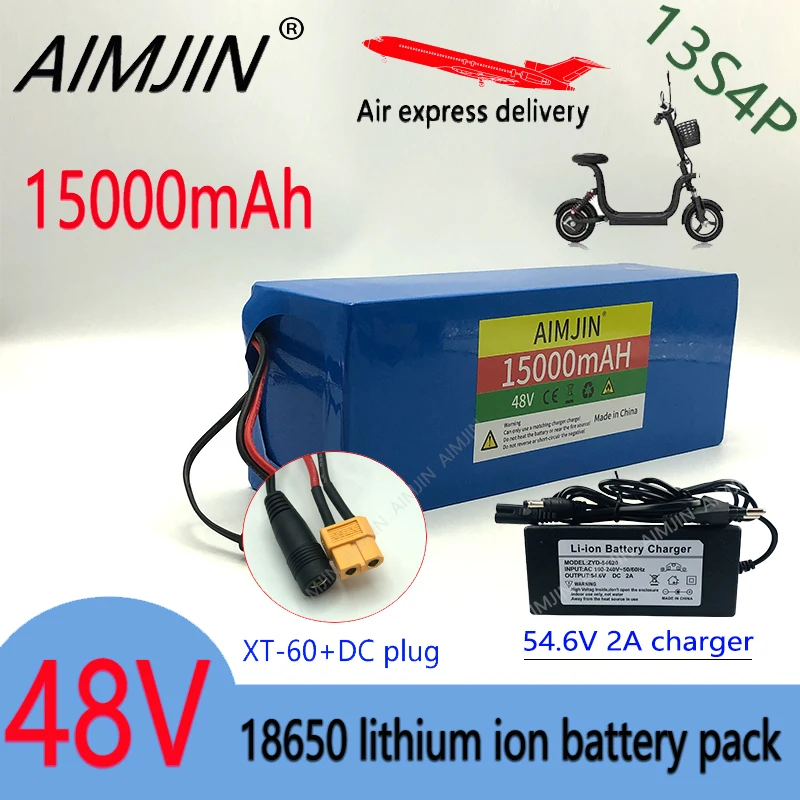 AIMJIN 48V Li-Ion battery 48V 15Ah 1000W 13S4P Li-Ion battery pack for 54.6V Citycoco BMS electric scooters+Charger XT60 DC Plug