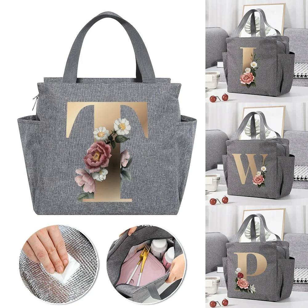 Lunch Bag Gold Letter Print Cooler Portable Zipper Insulated Thermal Food Picnic for Women Multifunction Large Capacity LunchBox