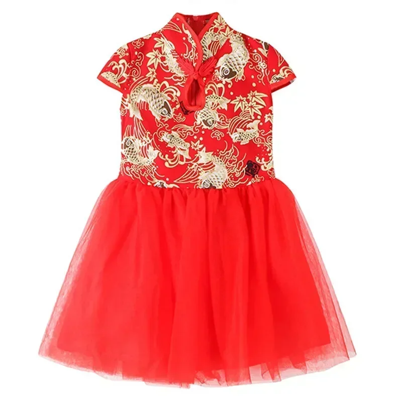 Red Girl Summer Dress Qipao Chinese Fashion Performance Cheongsam Baby Mesh Princess Dresses Girls Clothing Vestidos