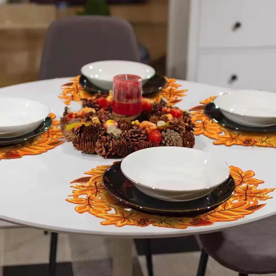 Fall Placemat Thanksgiving Autumn Harvest Placemats Embroidered Maple Leaves Table Mats for Home Kitchen Dining Table Decor
