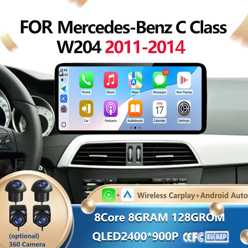 Android 14 Carplay QLED Ультратонкий экран Автомобильный мультимедийный радиоплеер для BENZ C CALSS W204 2011-2014 Navi GPS BT Аксессуары