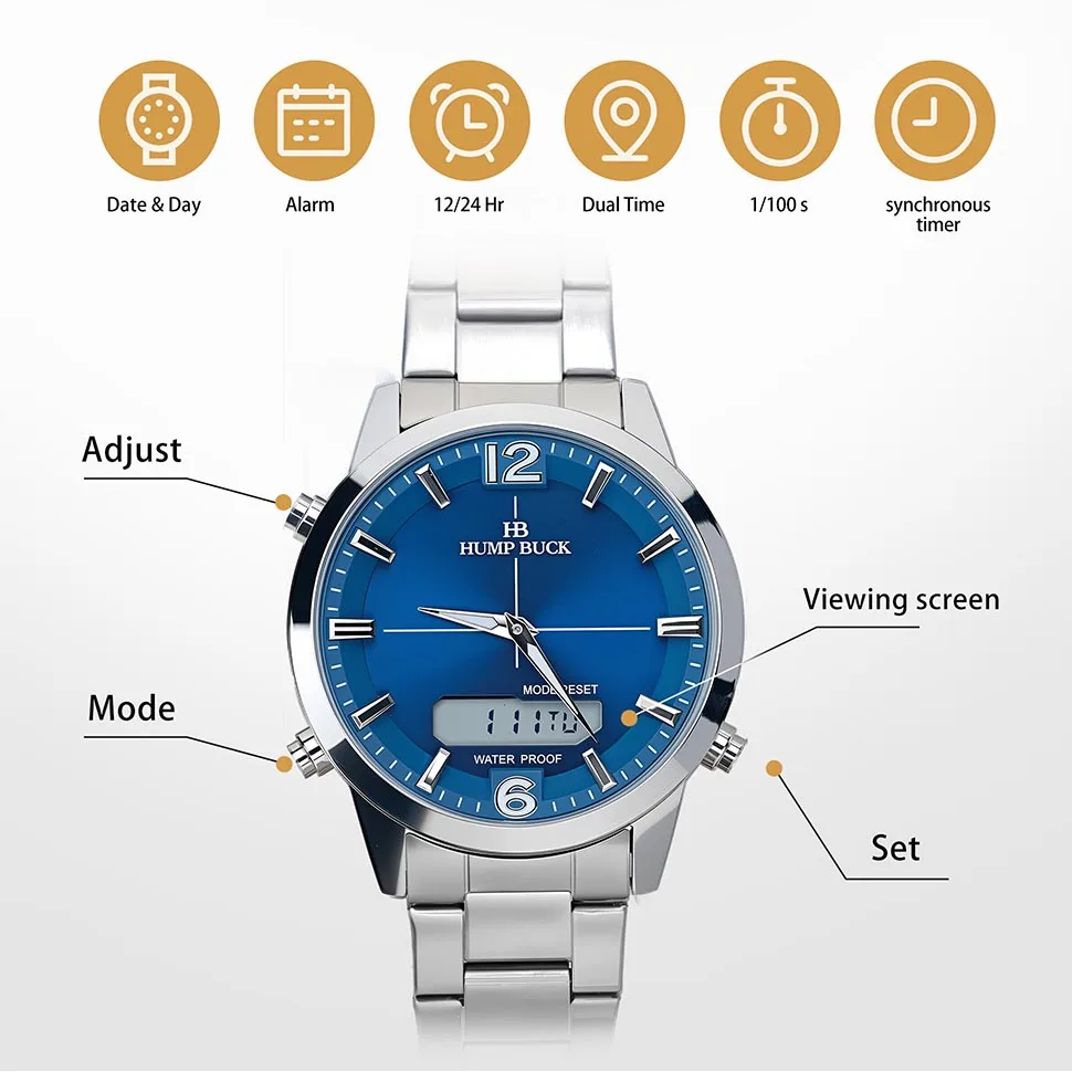 Мужские часы HUMPBUCK с двойным дисплеем, спортивные наручные часы 12/24 часа, водонепроницаемые и секундомер, идеально подходящие для ежедневного использования