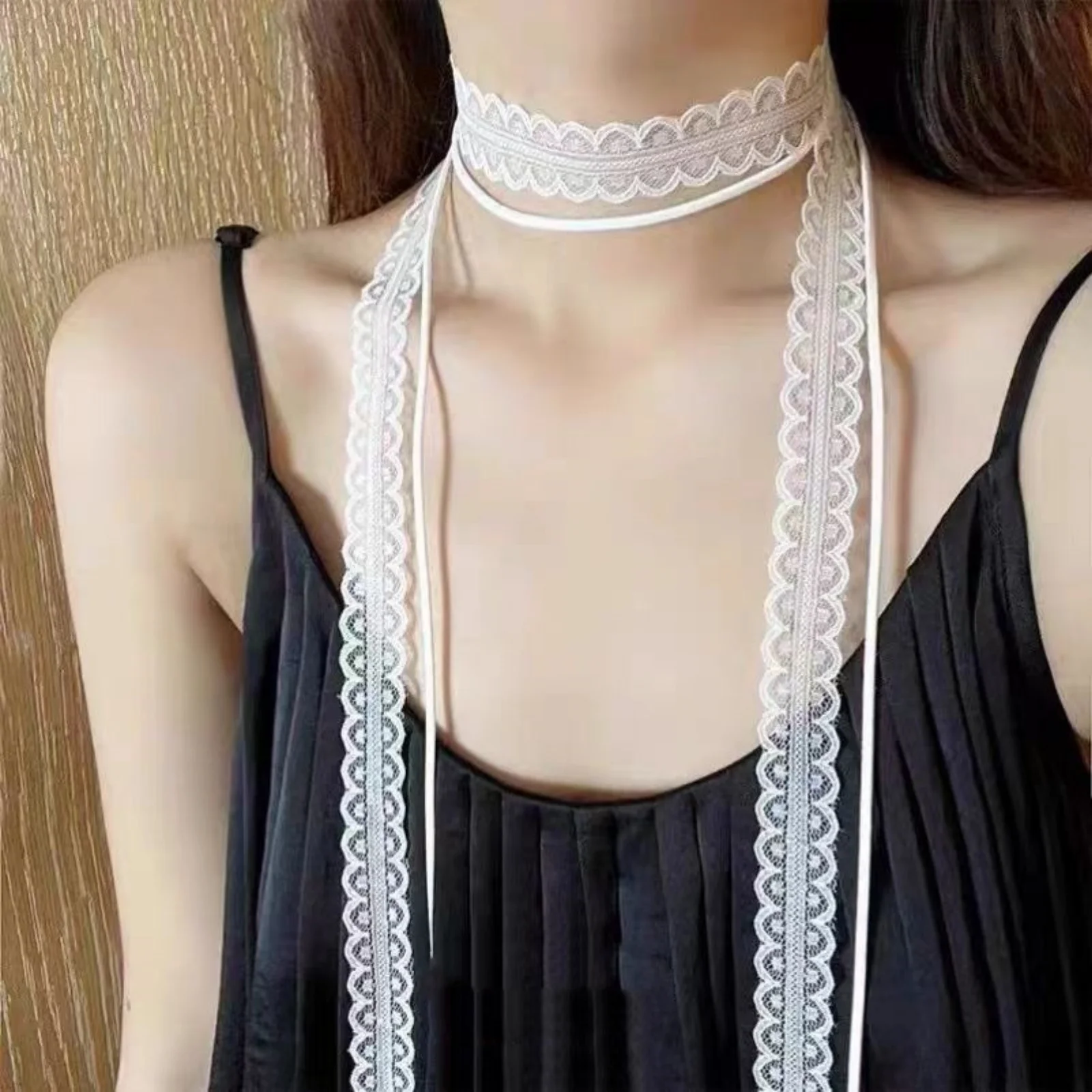 

White Lace Choker Necklace For Women Spring Summer Double Layer Scalloped Edge Long Ribbon Elegant Hair Accessory For Daily Wear