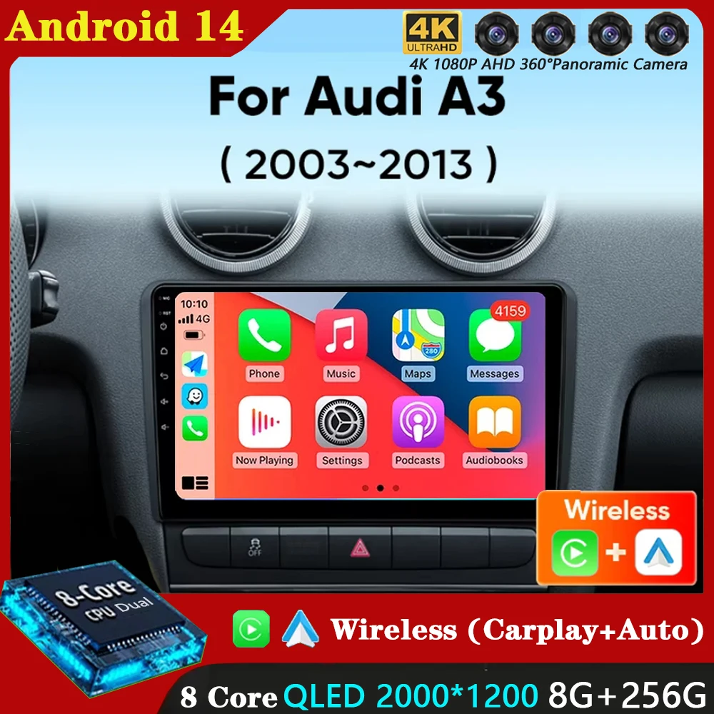 

For Audi A3 8P 2003-2013 Android 14 RS3 Sportback 2Din CAR Multimedia Carplay Video Player Stereo Radio WIFI 4G DSP Navigation