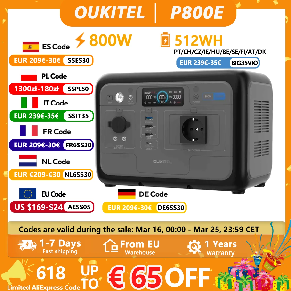 OUKITEL P800E PLUS Portable Power Station 800W Solar Generator 512Wh Lifepo4 Battery, for Backup Outdoor Camping Mobile Power