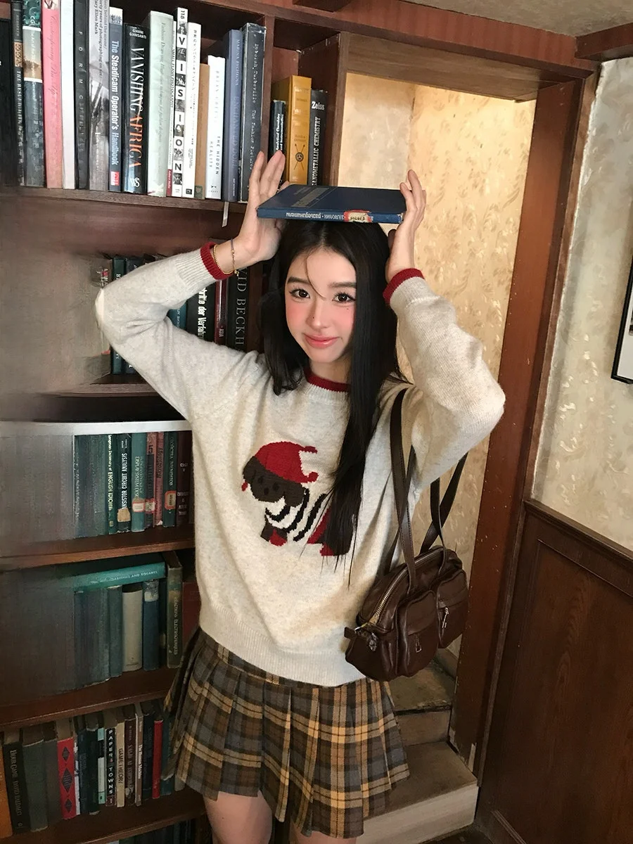 

Sinbounboun Red Hat Little Dog Intarsia Knitwear round Ne Base Layer Top Vintage Sle Long Sve Women's Faion