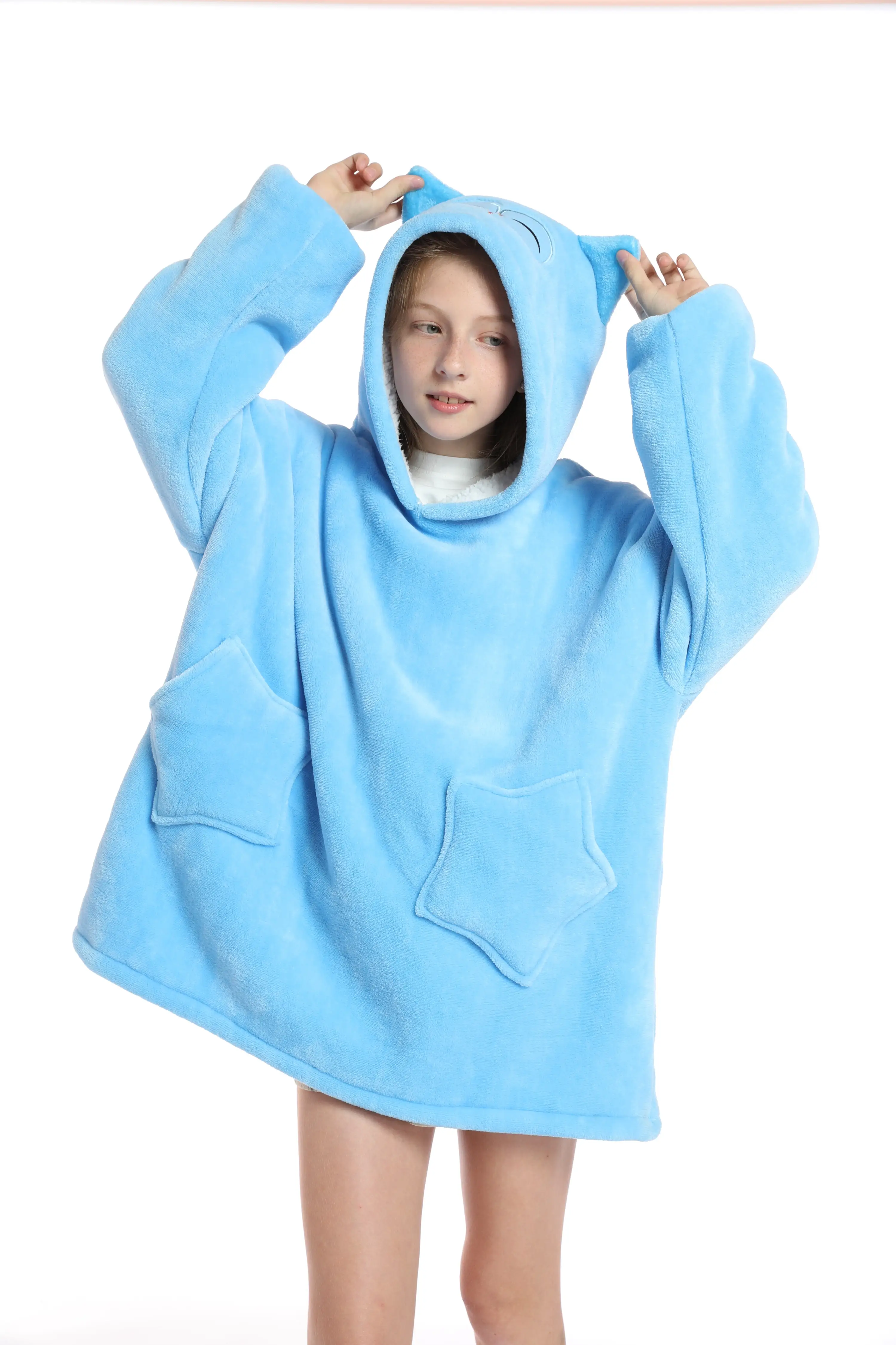 Cozy Warm Wearable Blanket Hoodie Oversized Flannel Sherpa Blanket for Winter Kids Teenagers Halloween Xmas Gift