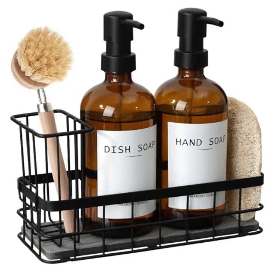 

Дозатор для моющего средства для кухни, 500 мл, янтарный, для рук и посуды, набор дозаторов для кухонного мыла с держателем для губки