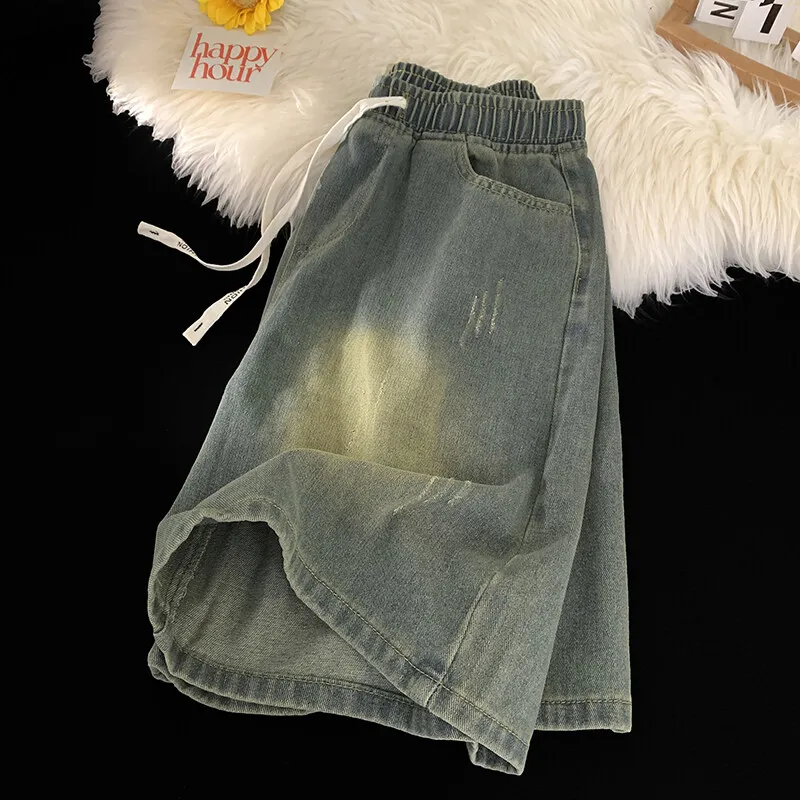 Men Summer Hip Hop Ripped Hole Denim Shorts Punk Washed Vintage Raw Edge Shorts Denim Streetwear Five-Minute Shorts