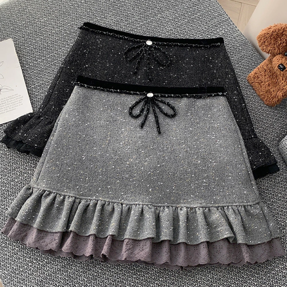 輝く秋冬薄手美服ドレス新作紐付き菌状レースウールショートスカートレディースハイウエストスリムスカート