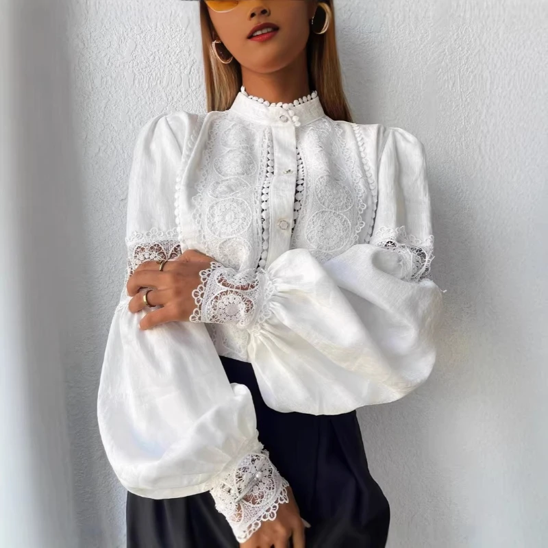 New White Lace Blouses Women Elegant Solid Casual Lace and Button Hook Flower Hollow Puff Sleeves Blouse Top Lady Office Shirts
