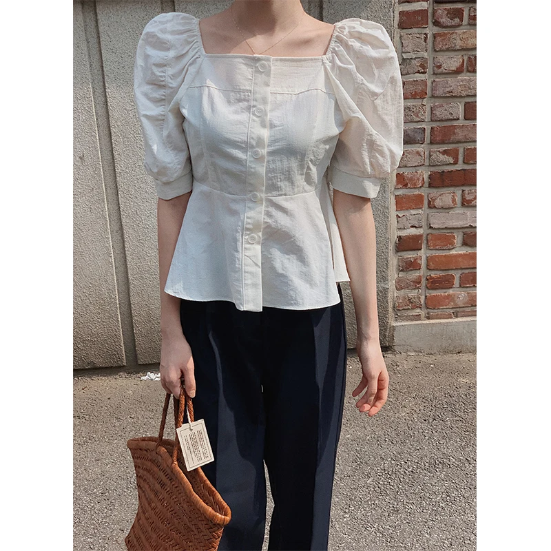 MEXZT Sweet Shirts Women Korean Ruffles Puff Sleeve Blouses Office Lady Vintage Elegant Summer Square Collar Chic Casual Tops