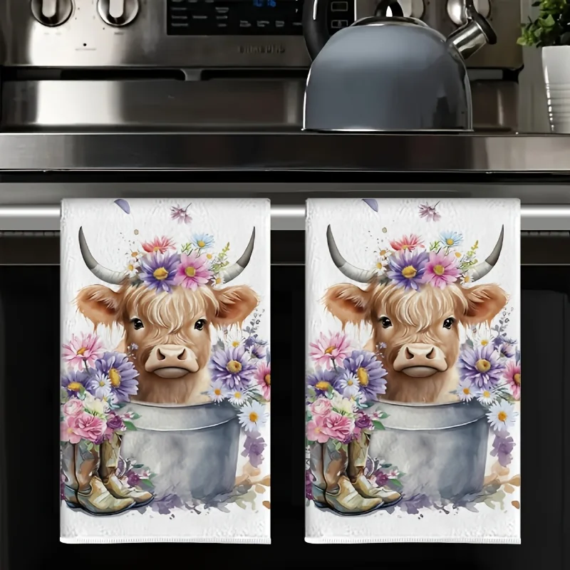 2 packs of high-quality kitchen towels, watercolor flower cow pattern, dish towel with cowboy boot design