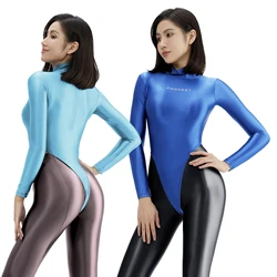 AMORESY T-shape Swimsuit Women's Sexy Tight Bodysuit Back Zipper High Fork Shiny Glossy Wetlook Long Sleeve T-Back Swimwear