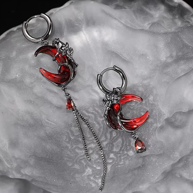 1Pc/Pair Red Moon Asymmetric Earrings Personality Hip Gothic Opening Rings Personalized Tassel Chain Eardrop Jewelry Gifts