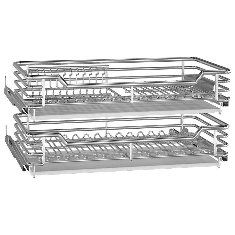 

Draw basket 304 stainless steel cabinet drawer pull basket kitchen bowl basket drawer type double layer inner bowl rack storage