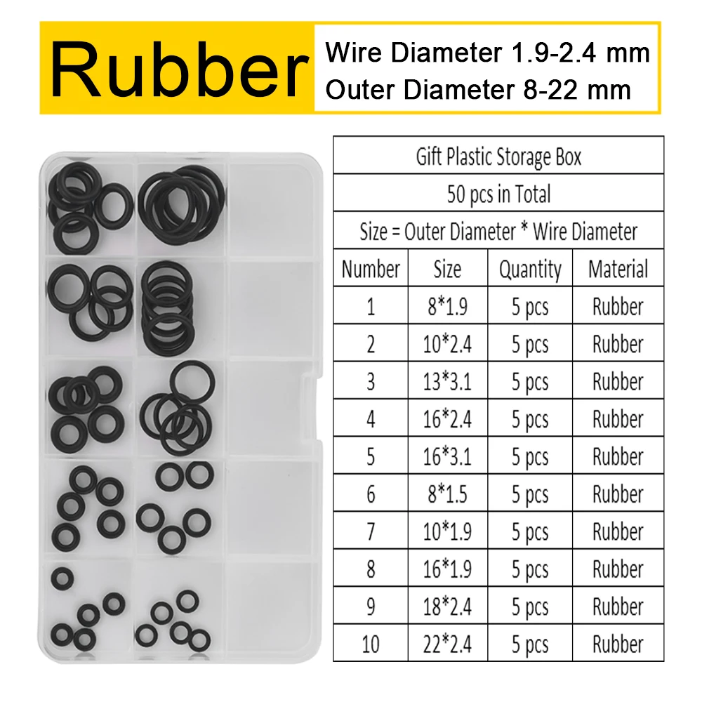 

NBR Rubber O Ring Wire Diameter 1.9-2.4mm 220 # High-Pressure Water Gun Repair Gasket Seals Assortment Kit Set With Plastic Box