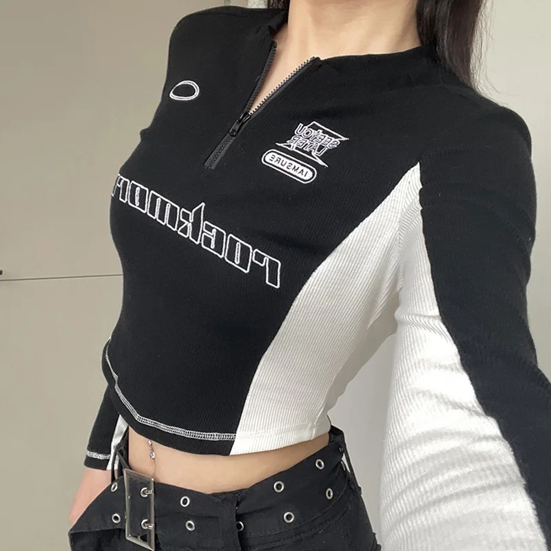 Y2K Tops Half Zipper Short Long Sleeve Tee Korean Fashion Women Crop Tops Thin Locomotive Wind Slim Aesthetic Graphic T Shirts