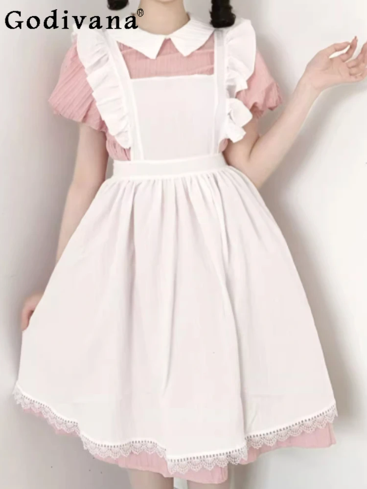 

COSPLAY Show Maid Lace Ruffles Girl White Long Dress Daily Japanese Classic Versatile High Waist A-line Peter Pan Collar Dresses