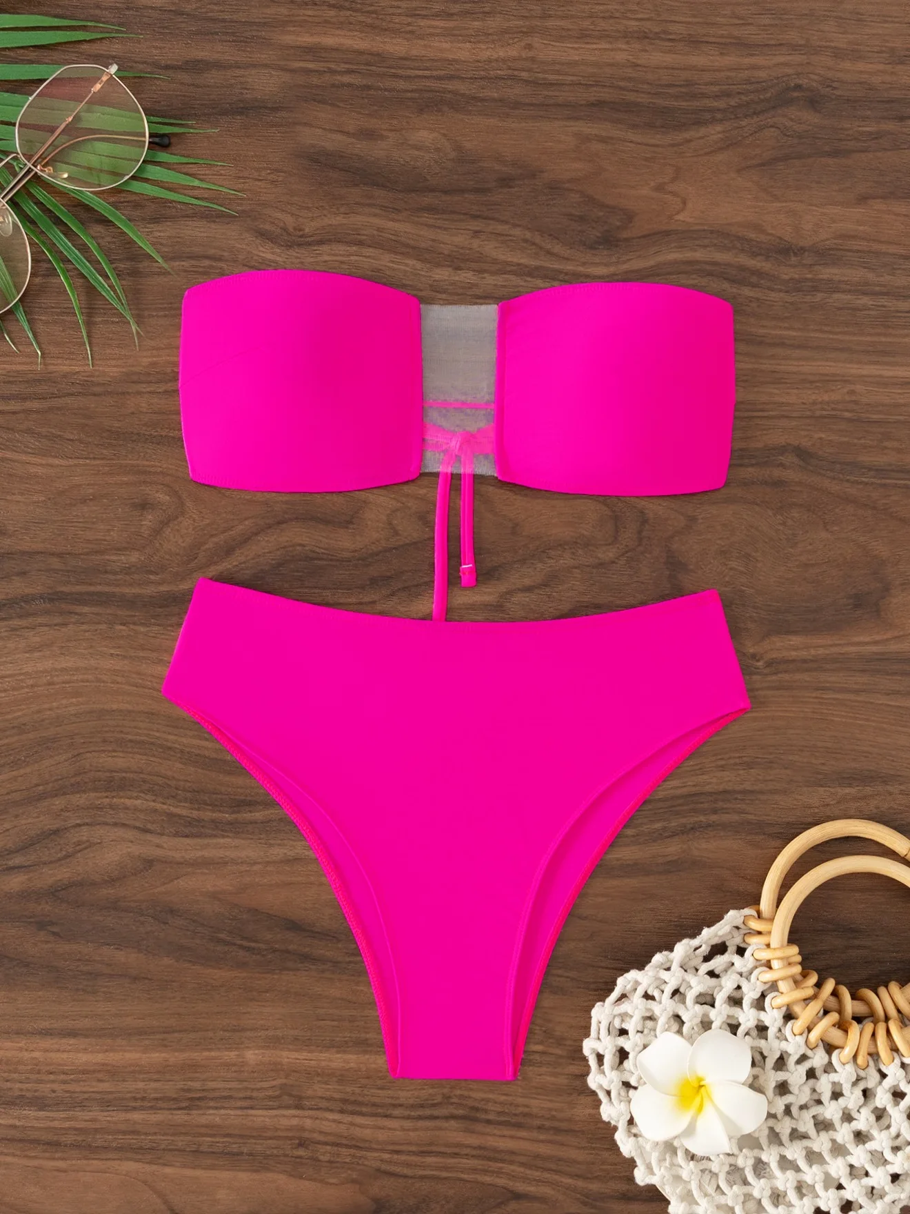

sexy rose red bandeau bikinis sets two pieces mesh perspective swimsuits padded thong swimwear female bathing suit biquini