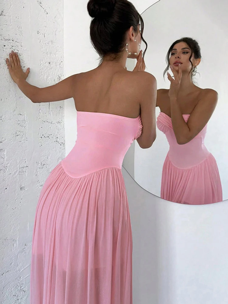ByeMyLove สีชมพู Off-Shoulder Tulle Maxi ชุด Strapless Elegant SHEER ตาข่ายชุดยาวสําหรับงานปาร์ตี้ชุดราตรียาวผอม