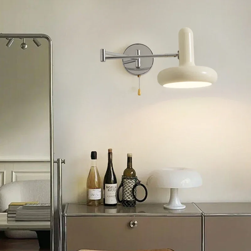 Nordic minimalist retro rocker arm movable bedside wall lamp, study retractable folding reading lamp